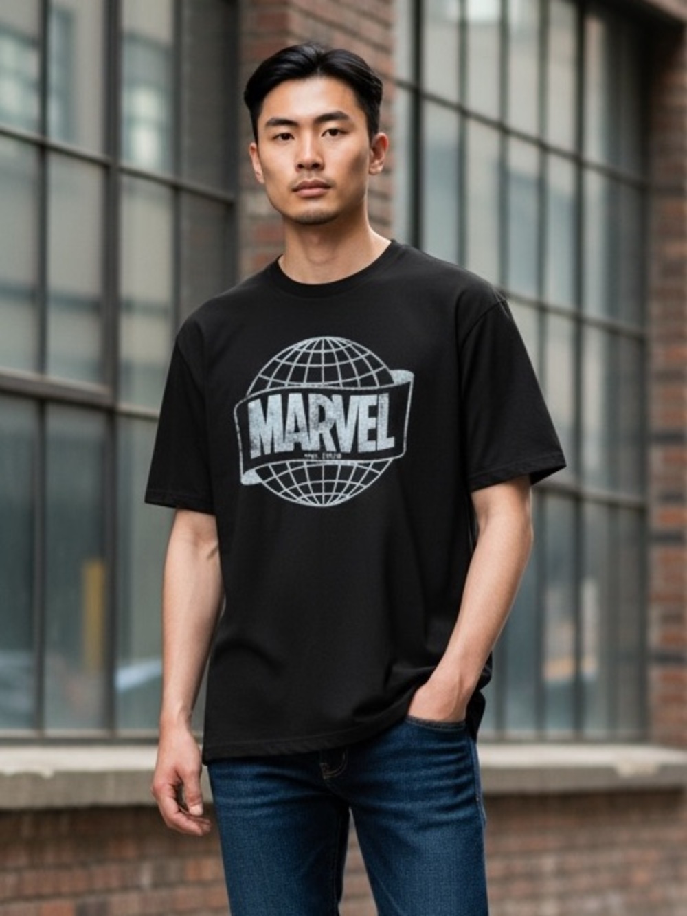 Marvel Black Short-Sleeve Graphic Tee with Globe Logo